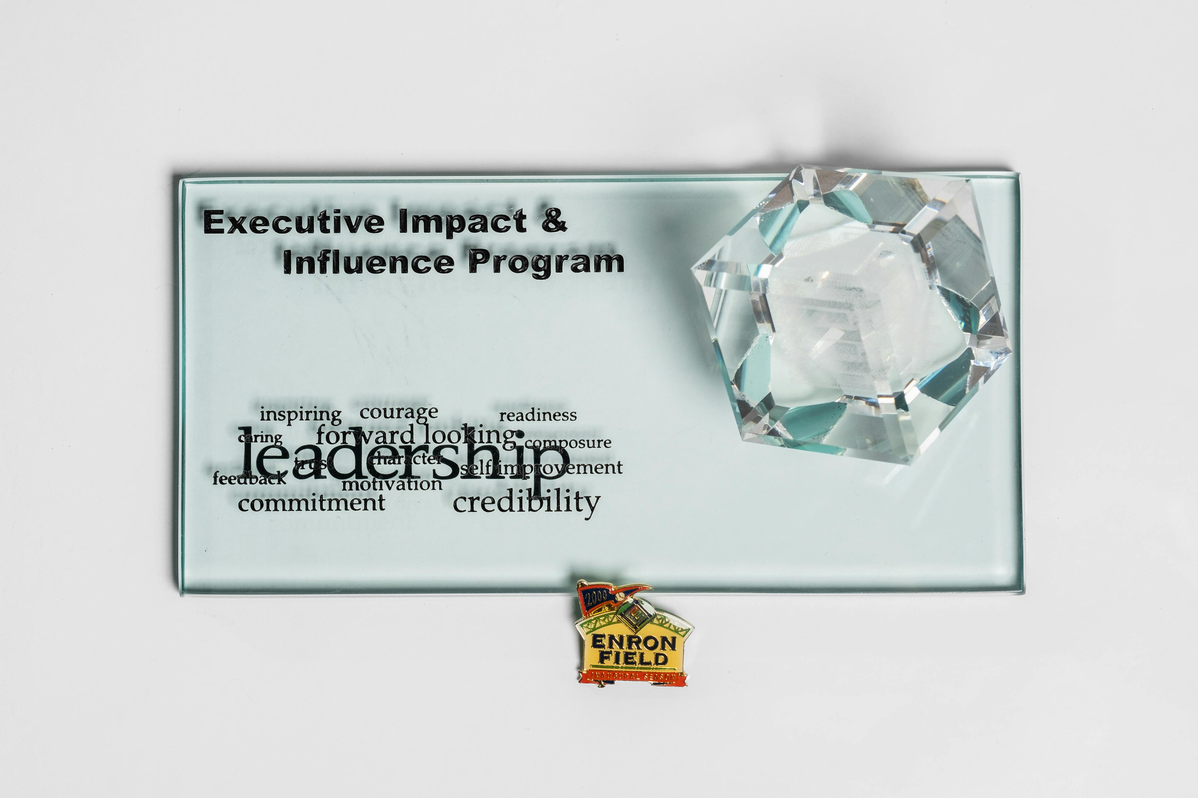 A photograph of an Enron award and pin